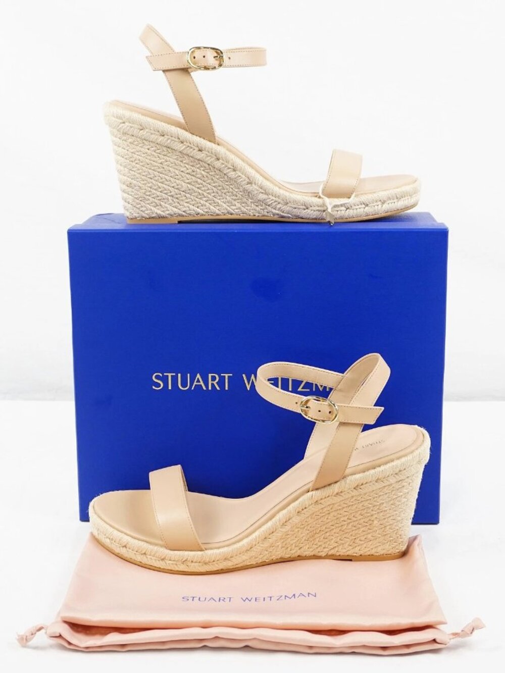 Stuart Weitzman Teddi Leather Wedge Sandal Woven Platform Casual Work Office